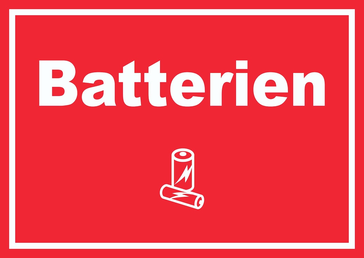 Batterien Mülltrennung Schild Text Symbol AA AAA waagerecht A4 Rückseite selbstklebend