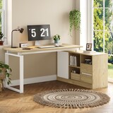 thumbnail of Merax L-förmiger Schreibtisch 152x113.5x76 cm, Bürotisch mit 2 Schubladen, 3 offenen Regalen & 1 Schrank, Naturholzfarbe & Weiß