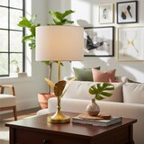 thumbnail of Relaxdays Tischlampe, Palmenblatt-Sockel, Stoffschirm, E14-Fassung, Wohnzimmer, Schlafzimmer, Tischleuchte, weiß/gold