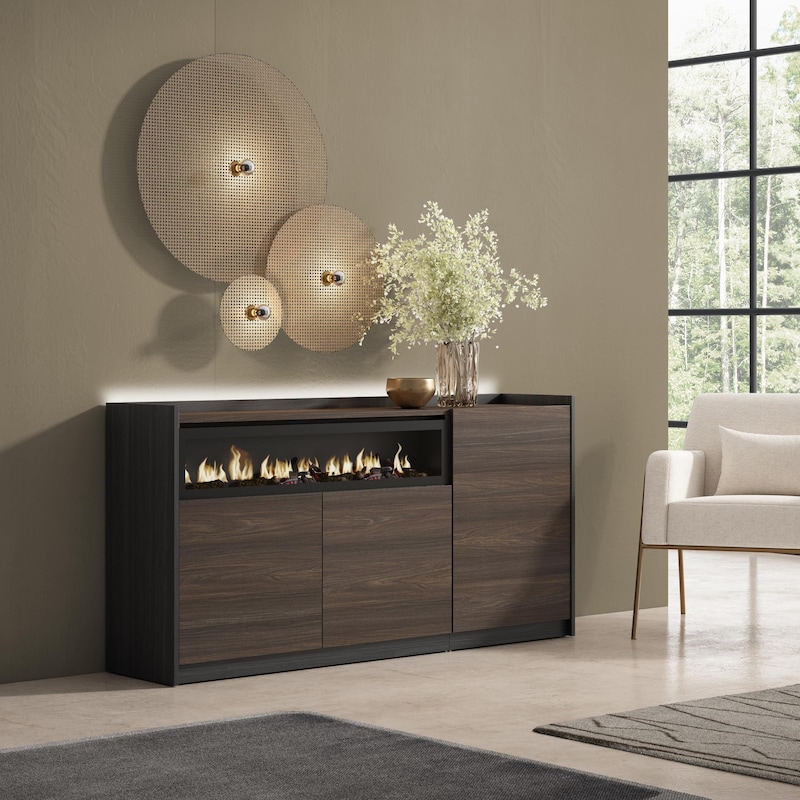 Credenza, Mobile, Cucina, 156x80x37 cm, 3 Porte, Camino elettrico, LED ...
