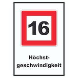 thumbnail of Höchstgeschwindigkeit 16 km/h nicht zu überschreiten Schild mit Symbol und Text A4 Rückseite selbstklebend