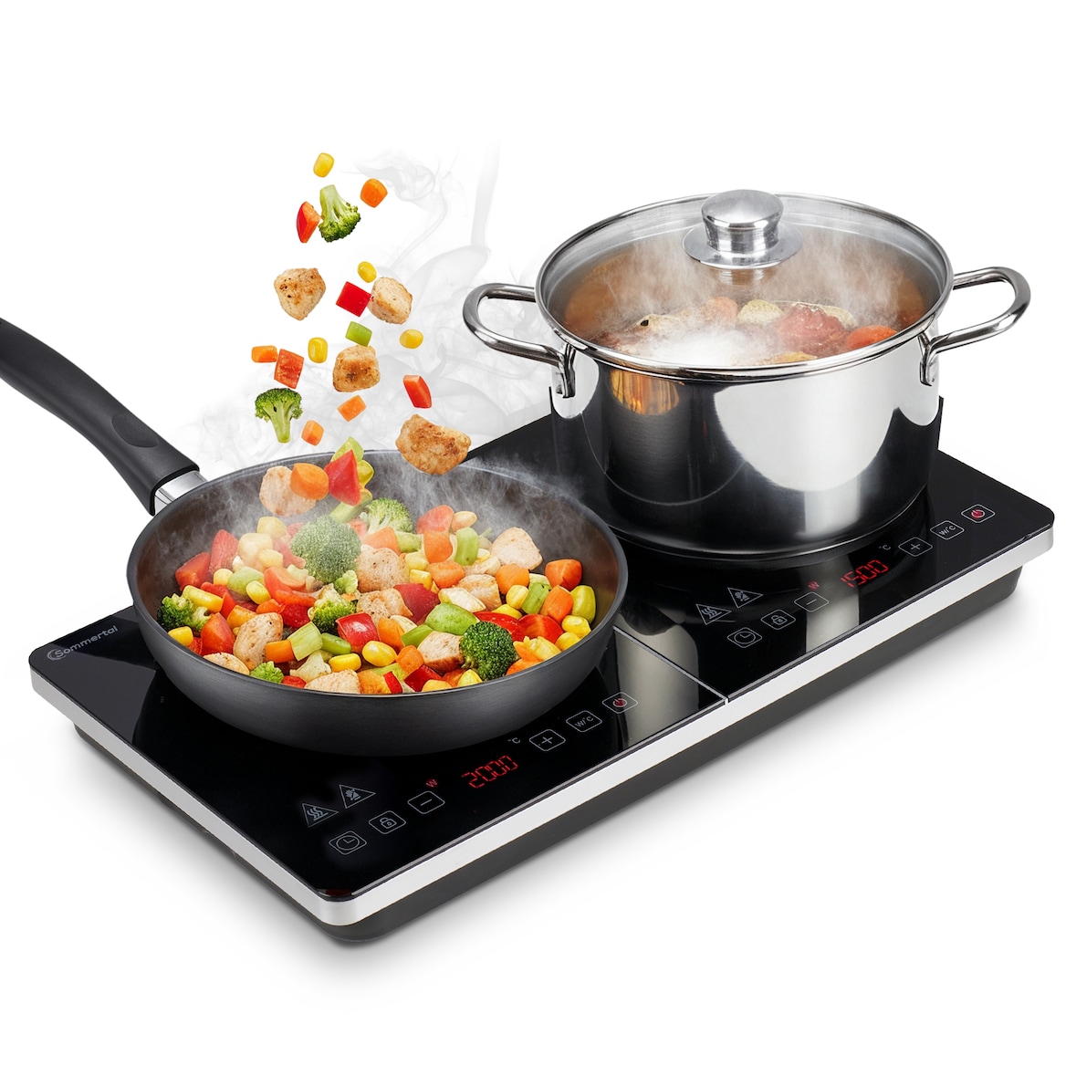 Sommertal Induktionskochfeld 2 Platten 3500W Tragbar Super-Slim Design bis 240 °C mit 4h Timer, Touch-Bedienung