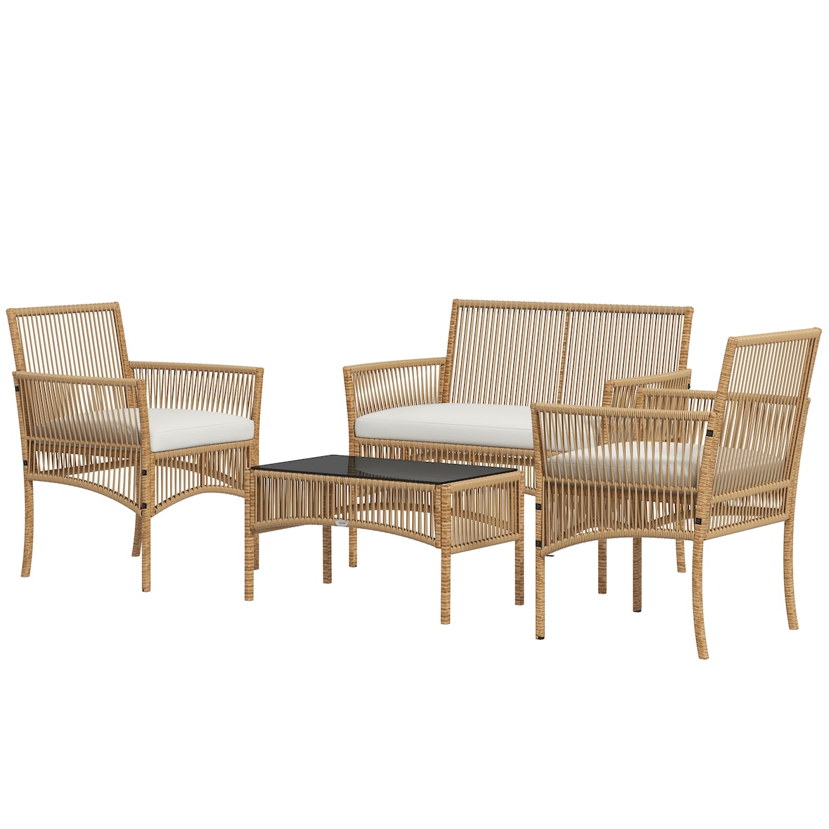 Conjunto de muebles de jardín de ratán muebles de terraza con 1 sofá de 2 plaza 2 sillones cojines y 1 mesa de centro de tablero de vidrio beige