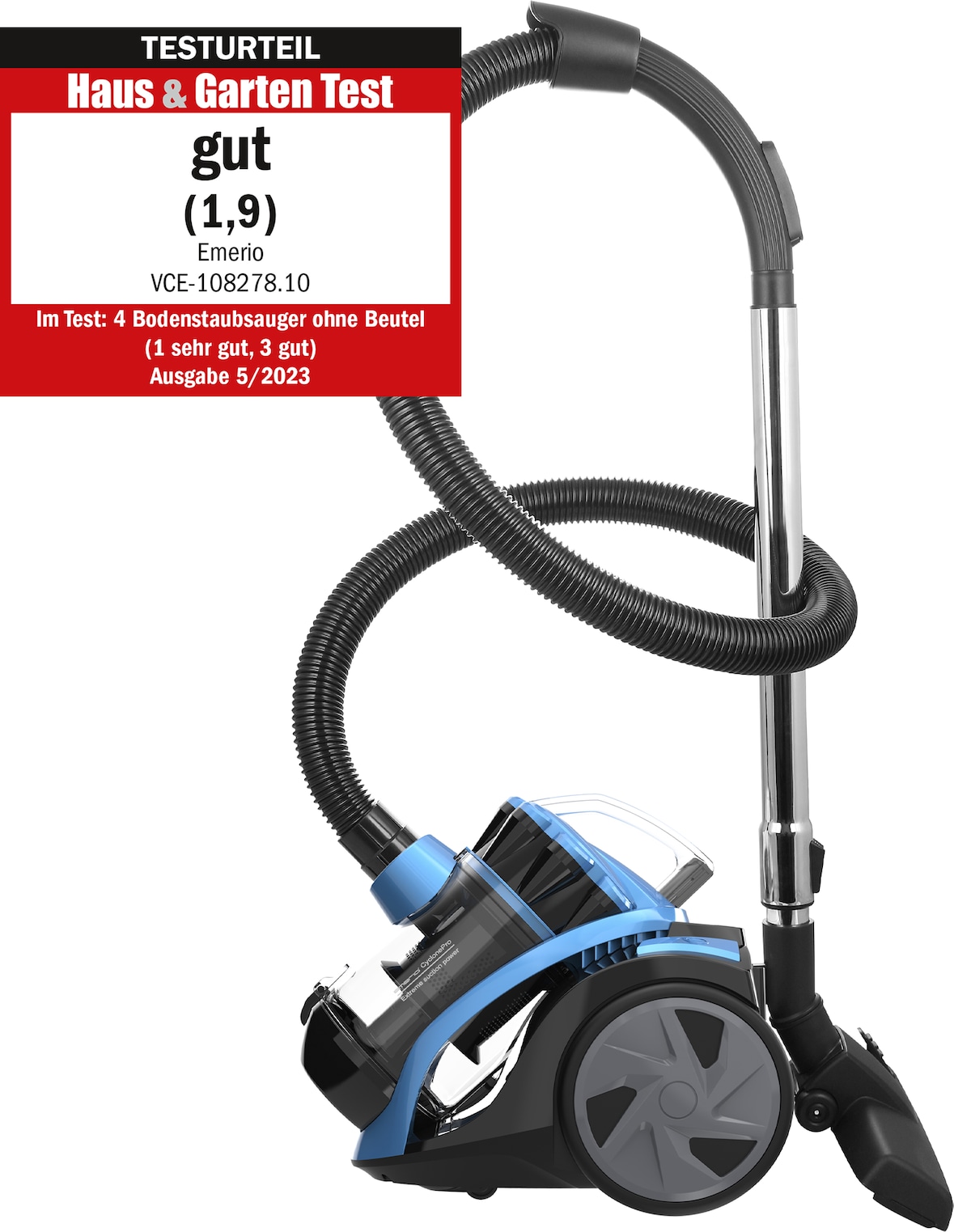 Emerio Staubsauger ohne Beutel – 2 Liter – HEPA-Filter – Kabellänge 4,5 m – Hochleistungsbürste – 700 W – VCE-108278.10 – Schwarz / Blau