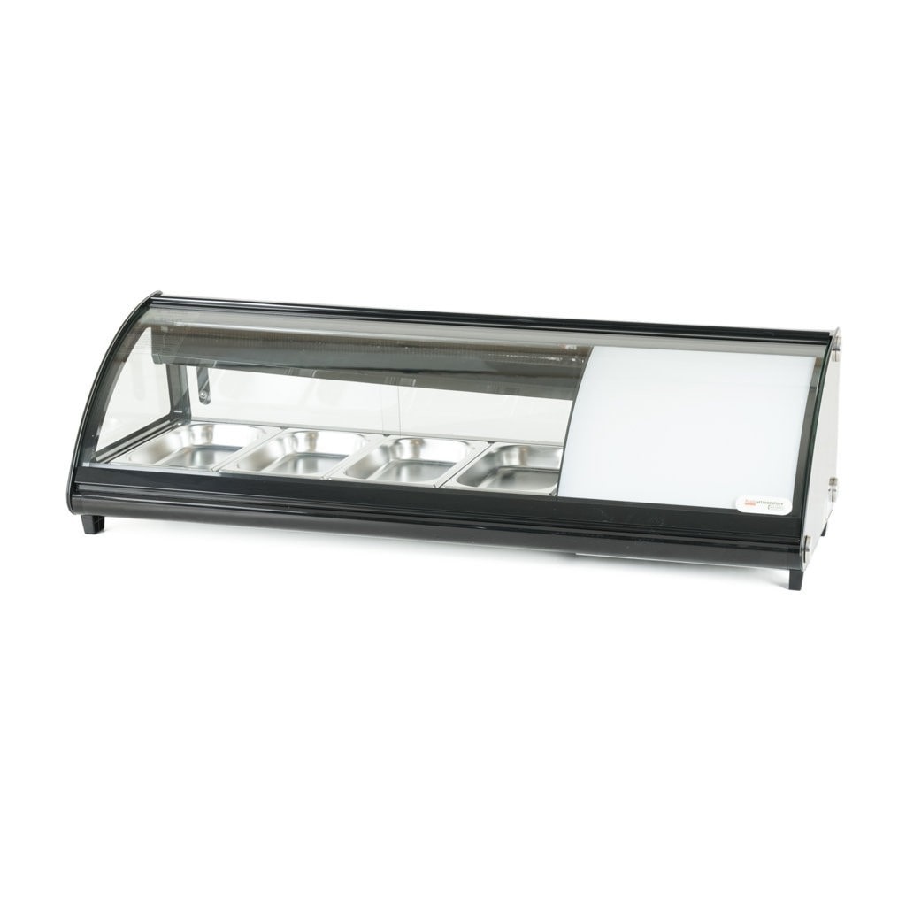 Vetrina Frigo per Sushi da Banco Refrigerata - Vetro frontale curvo apribile - Motore incorporato - Nera - 4 gn 1/3 - 113,1x45x33h cm