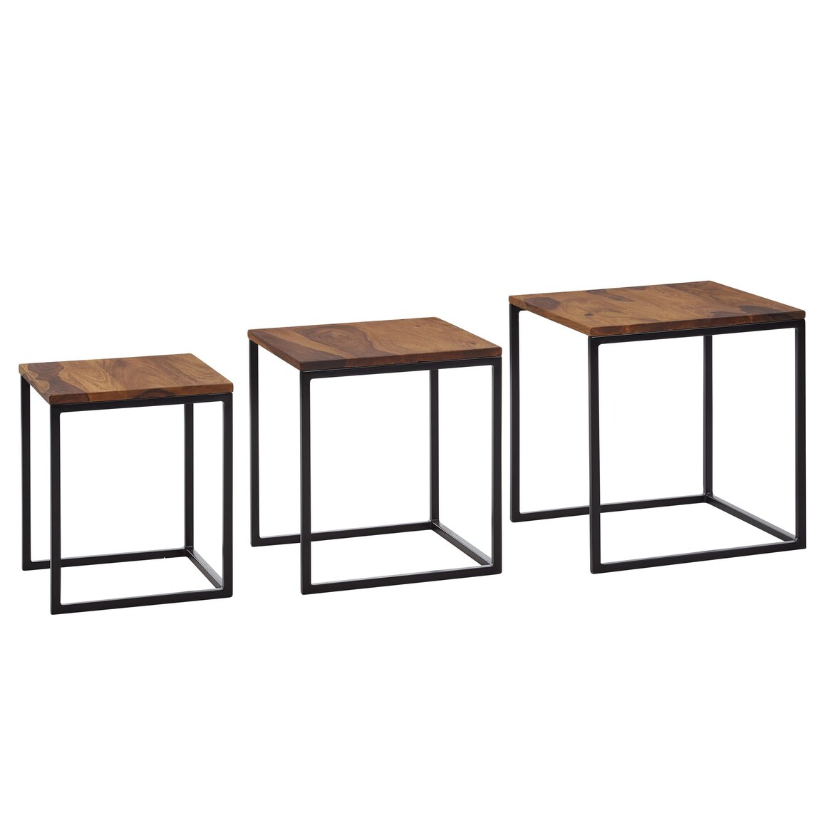 Satztisch 3er Set Sheesham Massivholz / Metall Beistelltisch Eckig Modern, Design Couchtisch 3-teilig, Wohnzimmertisch Platzsparend, Holztisch