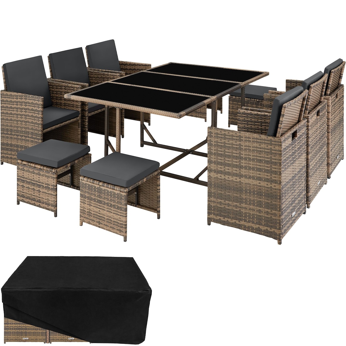 tectake Salon de jardin MALAGA 10 places avec housse de protection - marron naturel - 403731