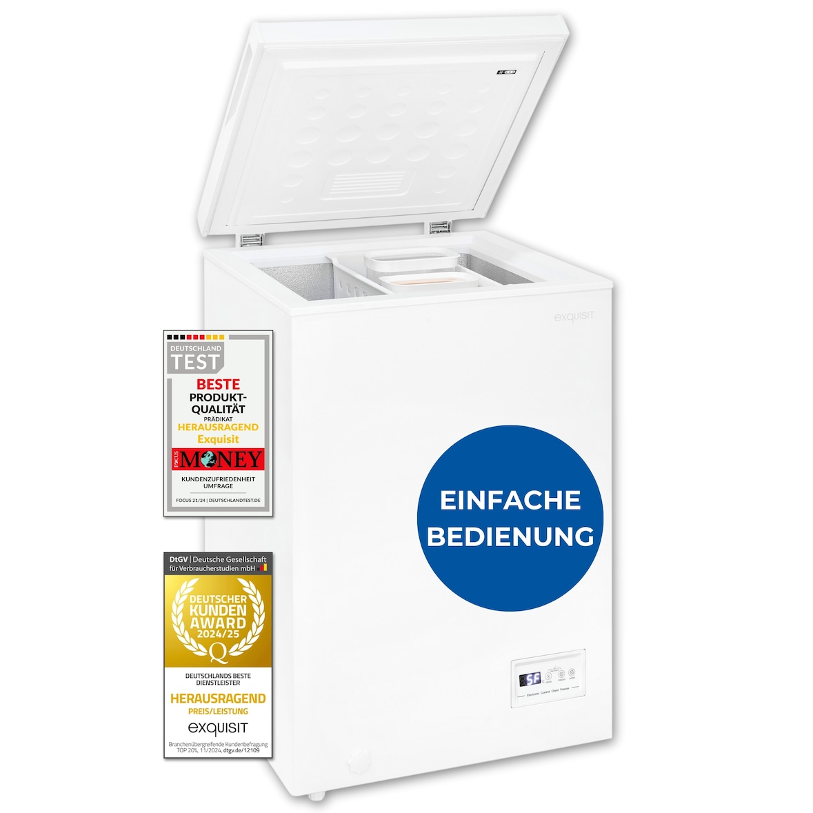 Exquisit Gefriertruhe, Kombigerät, Tiefkühltruhe, 98 Liter, 4-Sterne-Gefrieren, Gefriertruhe klein, Toplader, GT101-E-040E weiss