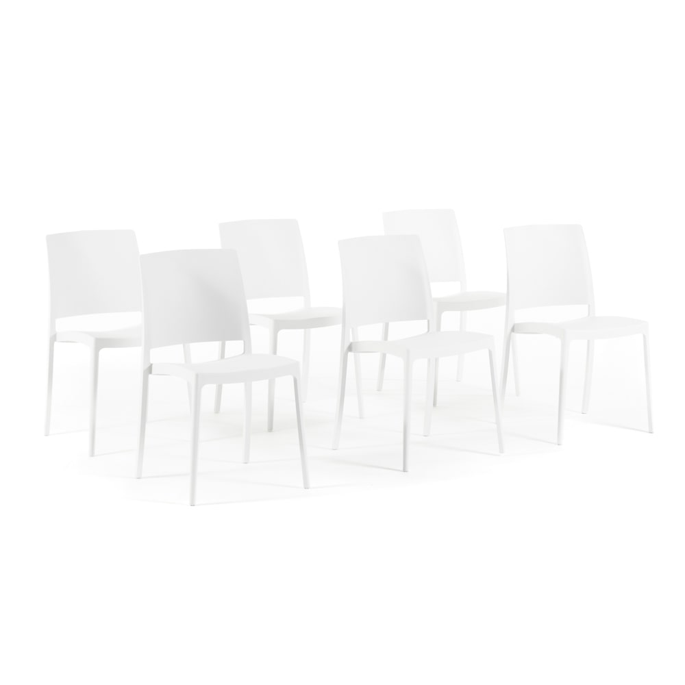 Set van 6 stapelbare stoelen van polypropyleen met glasvezel, voor tuin of binnengebruik, waterafstotend en duurzaam, modern design – MARIA – Wit