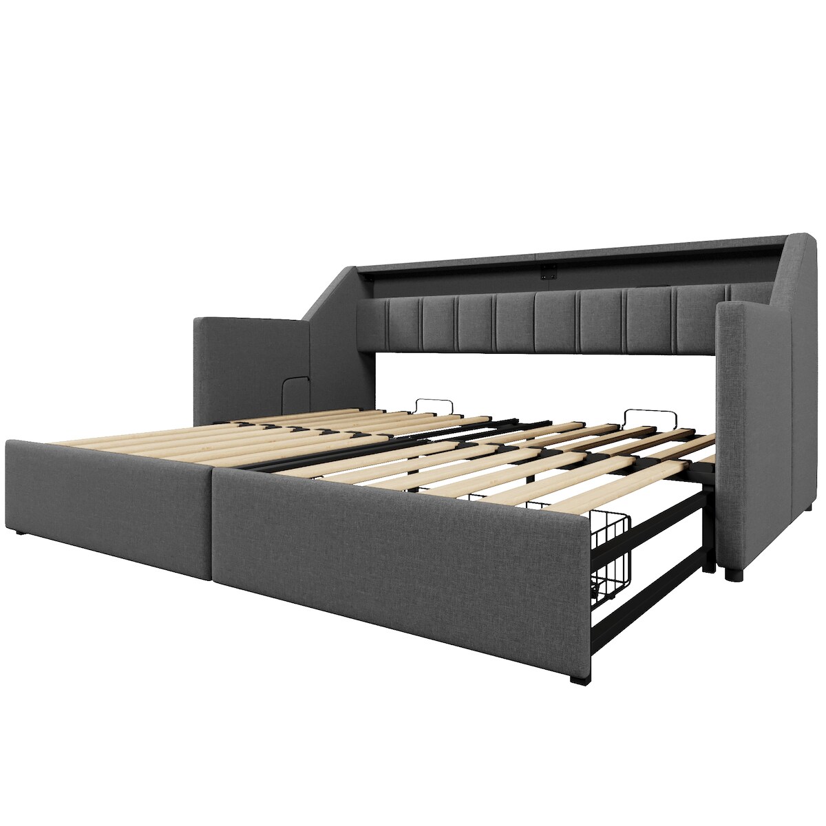 MODFU Tagesbett Leinen Grau 90x200 cm, ausziehbar auf 180x200 cm, mit USB, Type-C, LED und 2 Schubladen