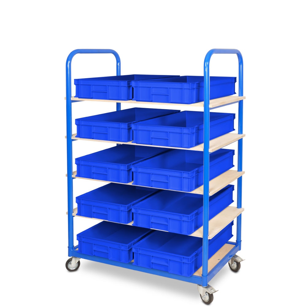 Etagenwagen mit 5 Ebenen, BxTxH 1050x500x1450 mm, bestückt mit 10 Euroboxen BxTxH 600x400x120 mm (blau)