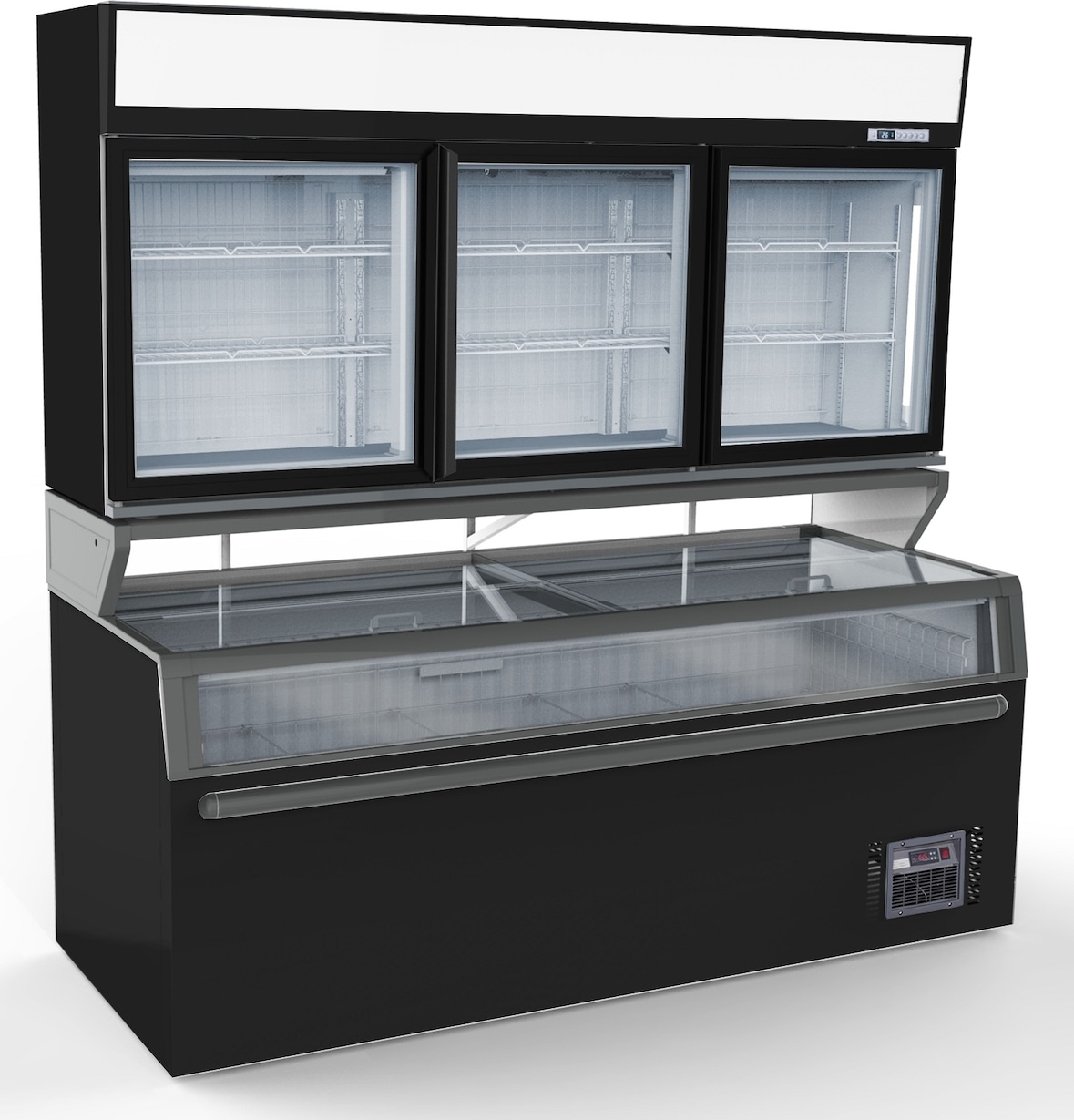 Supermarkt Wandtiefkühlung MANUPO | 5x Glastür + LED & Display | 546+900L, HxBxT 210,2x210,4x89cm | -18/-22°C | Schwarz | + CHEFGASTRO Geschirrtuch