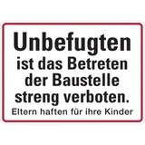 thumbnail of Baustellenschild, Zutrittsverbot Baustelle, Eltern haften für ihre Kinder, 250x350mm, Alu geprägt - 350x250x0.45 mm Aluminium geprägt