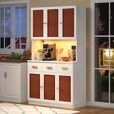 thumbnail of Buffetschrank 105x43x182 cm Weiß mit Stofffronten, Massivholzgriffen, LED-Beleuchtung, Steckdose & USB-Anschlüssen, großem Stauraum