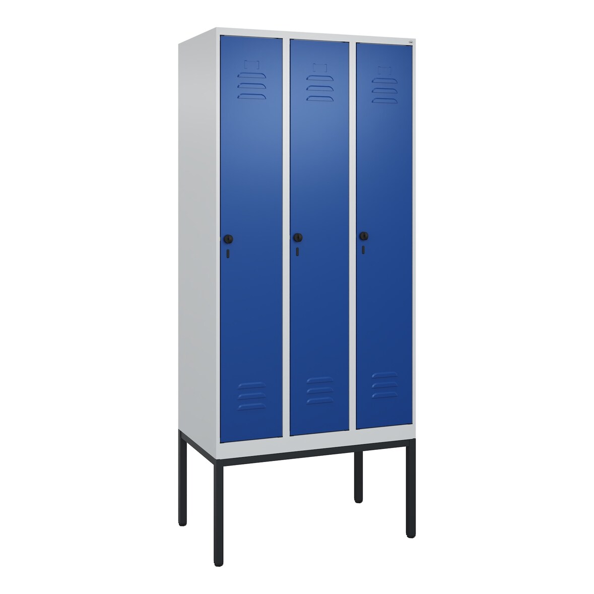 C+P Spind Classic PLUS, Gestell, 3 Abteile, HxBxT 212x90x50cm, Sicherheitsdrehriegel, Hellgrau/Enzianblau von PROREGAL