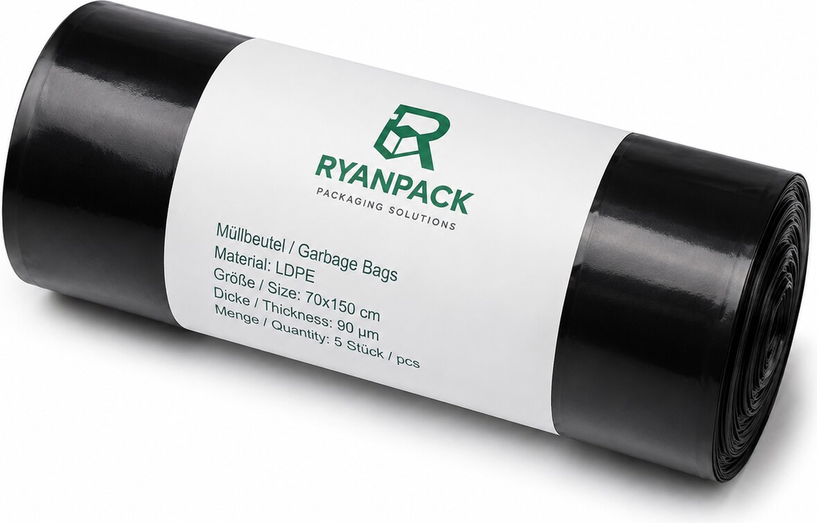 Müllbeutel ohne Griff aus LDPE – 70 × 150 cm – 90 µm – Schwarz – 10 Stück – RyanPack