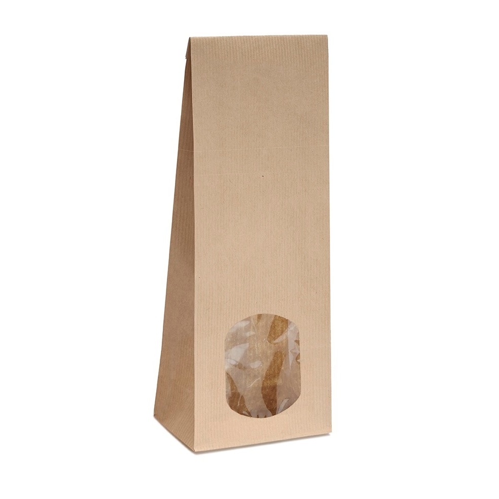 10x Blockbodenbeutel mit ovalem Sichtfenster - 100g/250g/500g - 10,5 x 6 x 29cm - Papiertüten Bodenbeutel Geschenktüte Kraftpapier (500g - ov. F.)