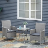 thumbnail of Balkonmöbel Set 3 tlg Tisch und 2 Stühle 60x59x90 cm Grau mit Sitzkissen Rattan Optik Metallrahmen gehärtete Glasplatte wetterfest