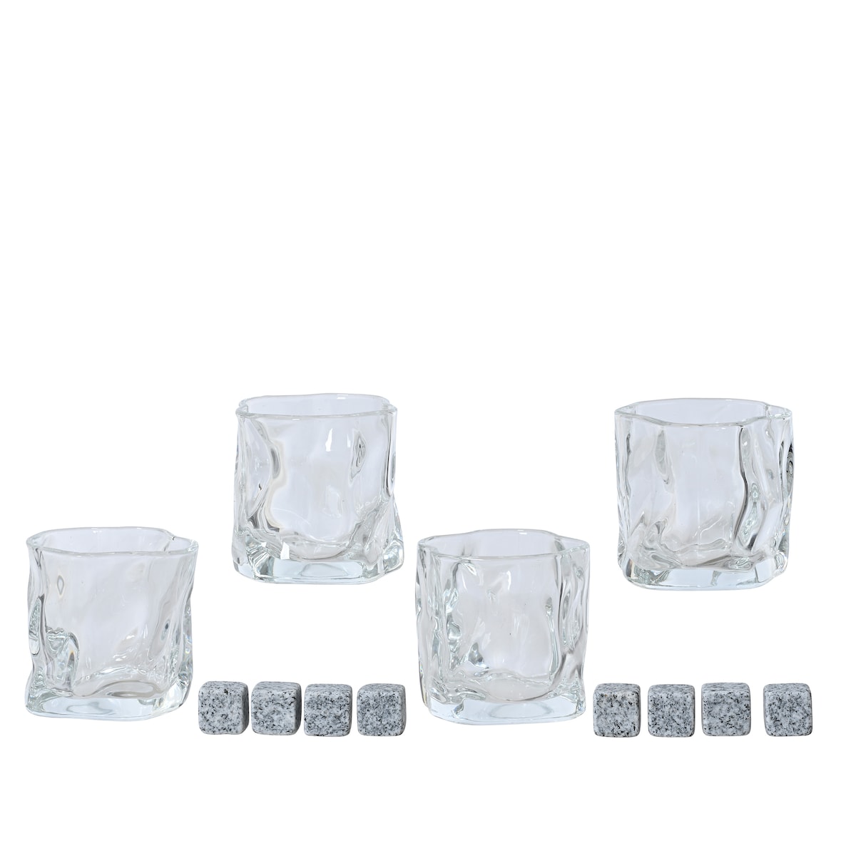 4 Whiskygläser 7,2cm - Whisky Gläser mit 8 Kühlsteinen Bargläser Schnapsgläser Cocktailgläser Glas Tumbler Whiskybecher Set Klar Transparent Grau