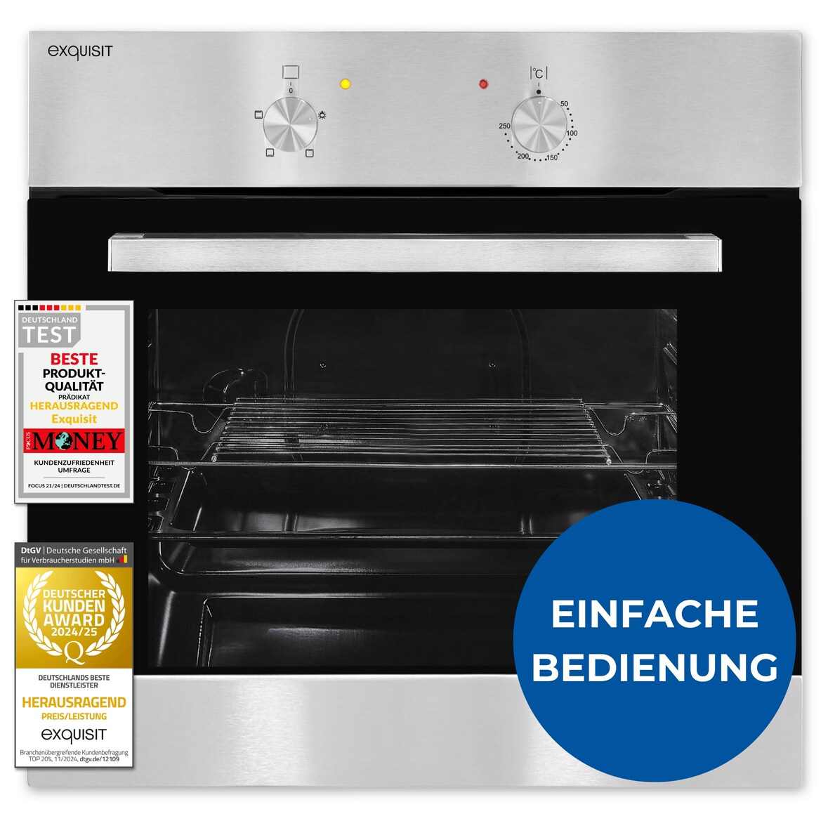 Exquisit Einbaubackofen, Backofen Einbaugerät Silber, 62 L Garraum, Einfache Bedienung, Backofen klein, EBE 555-1.1