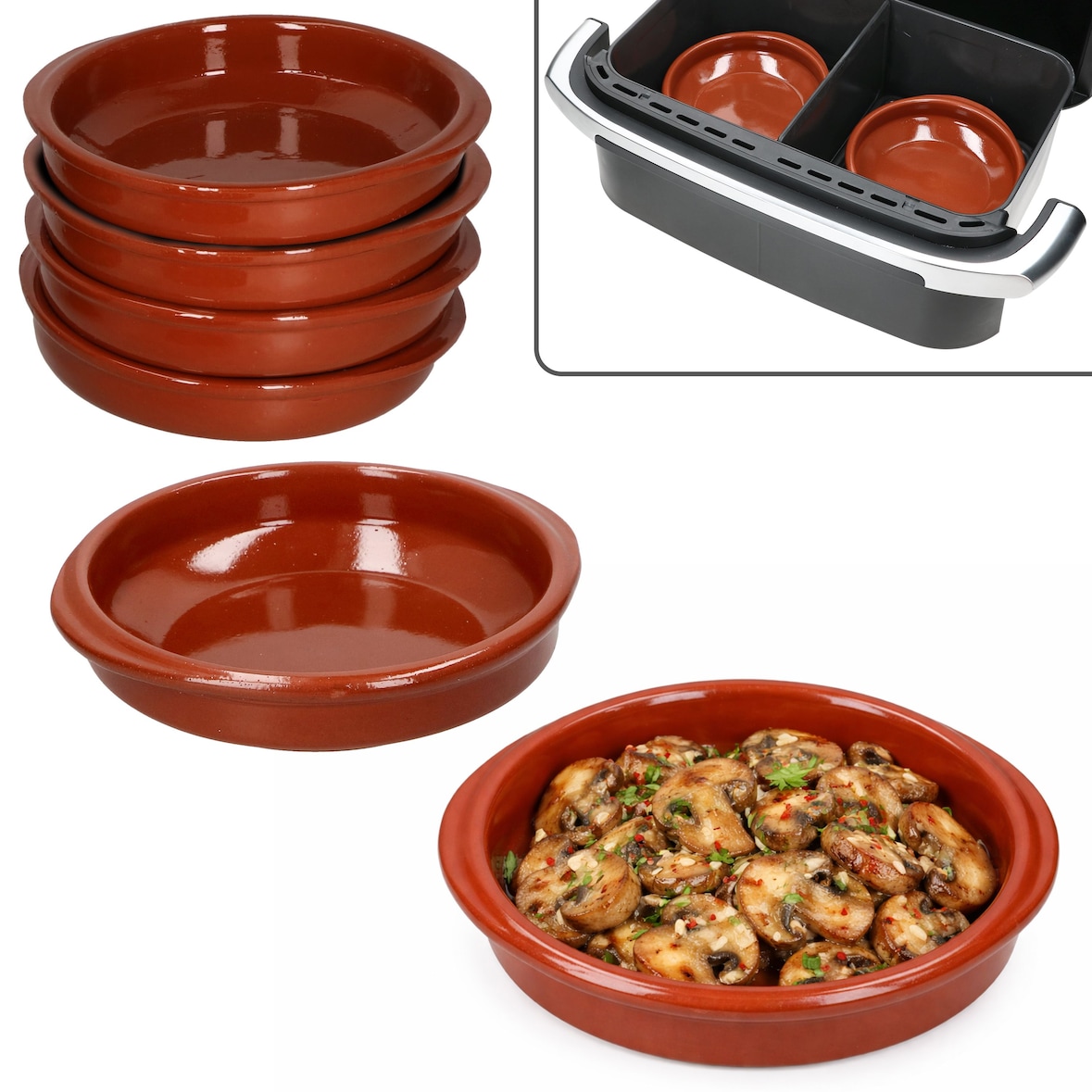 6er Set Airfryer Tonschalen rund mit Griffen Ø16cm 300ml Tapas Cazuela Antipasti