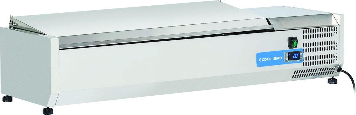 Edelstahl-Kühlvitrine für 5 GN1/4 Tabletts. Abmessungen 120x33,5x28,1h cm. Temperatur +2°C/+8°C. Kühlkopf VRX 12/33S/S