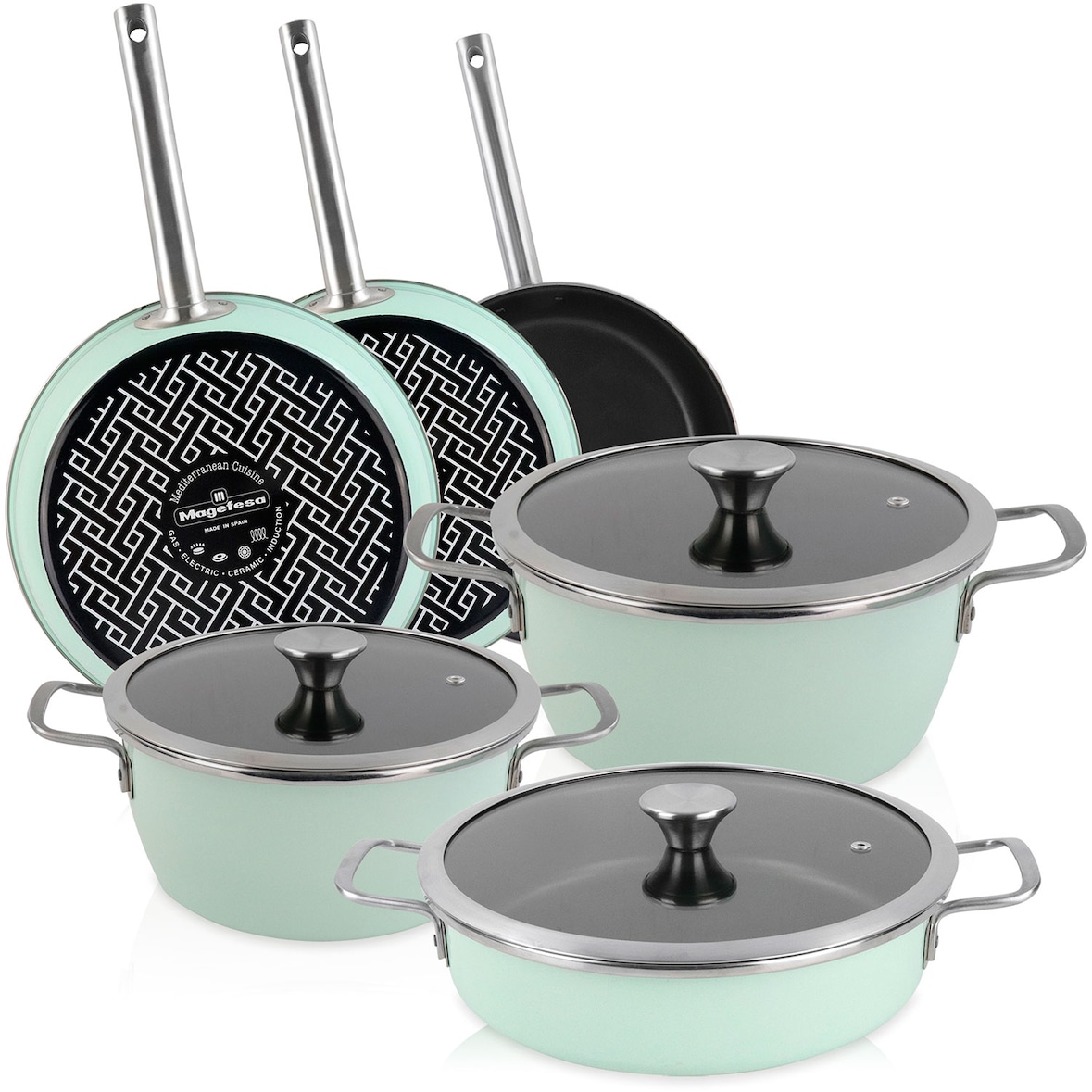 Magefesa Nordic Set di Pentole Induzione 9-Piece Antiaderente Casseruoli, Padelle Design Vintage, Verde