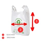 thumbnail of Bolsa blanca con impresión tipo camiseta de plástico HPDE reciclada 50-70%, medidas 350 x 500 mm paquete de 50 unds. SKU 14698