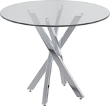 thumbnail of Esstisch rund 80x80x75 cm Silber mit gehärteter Glasplatte und galvanisierten Metallbeinen, kreuzförmiges Gestell, modern und platzsparend
