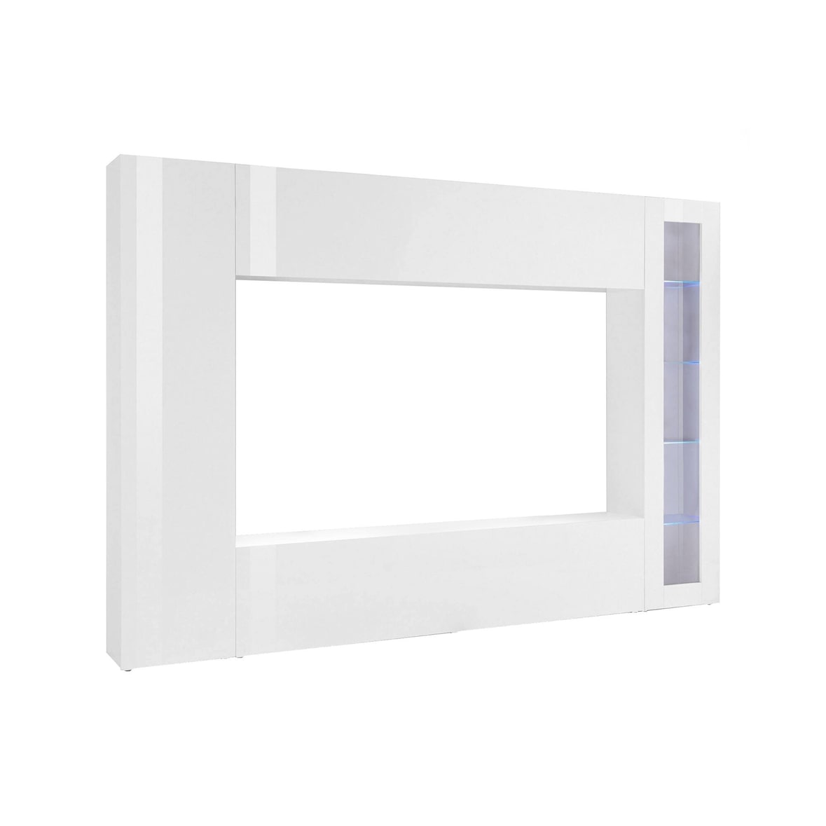 Dmora Parete attrezzata Luigi, Set salotto porta TV a 4 ante, Mobile soggiorno multiuso, 100% Made in Italy, Bianco lucido, con luce LED blu e vetrina