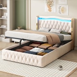 thumbnail of Polsterbett mit LED-Beleuchtung, hydraulischem Stauraum, Samtstoff, robustes Design, 140x200 cm, Beige, elegantes Kopfteil, stabiler Rahmen