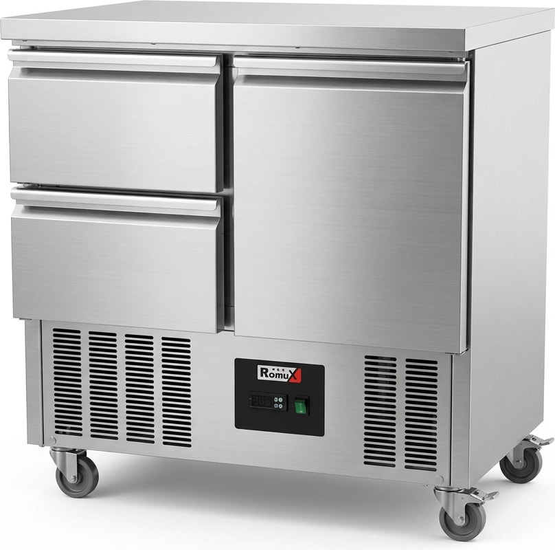 Romux® Saladette und Pizzatisch 1 Tür und 2 Schubladen 90x70 cm 220 Liter Statisch | Kühltisch von Pizzen und Salaten