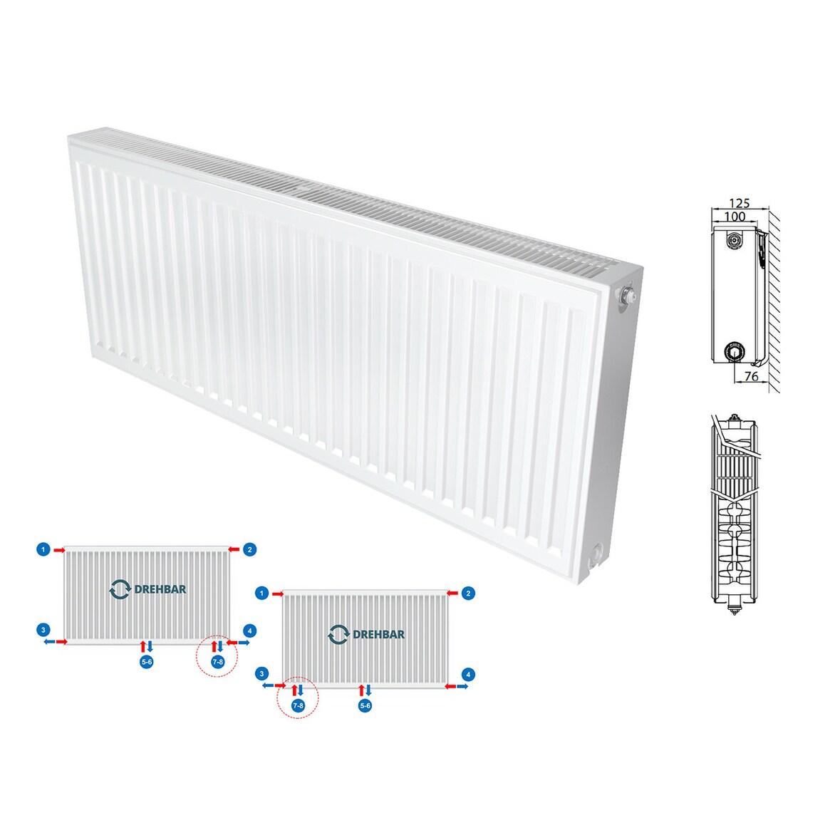Belrad Typ 22 Universalheizkörper Ventilheizkörper Mittelanschluss mit 8 Anschlüssen T22 900 x 800 (HxB)-1916W