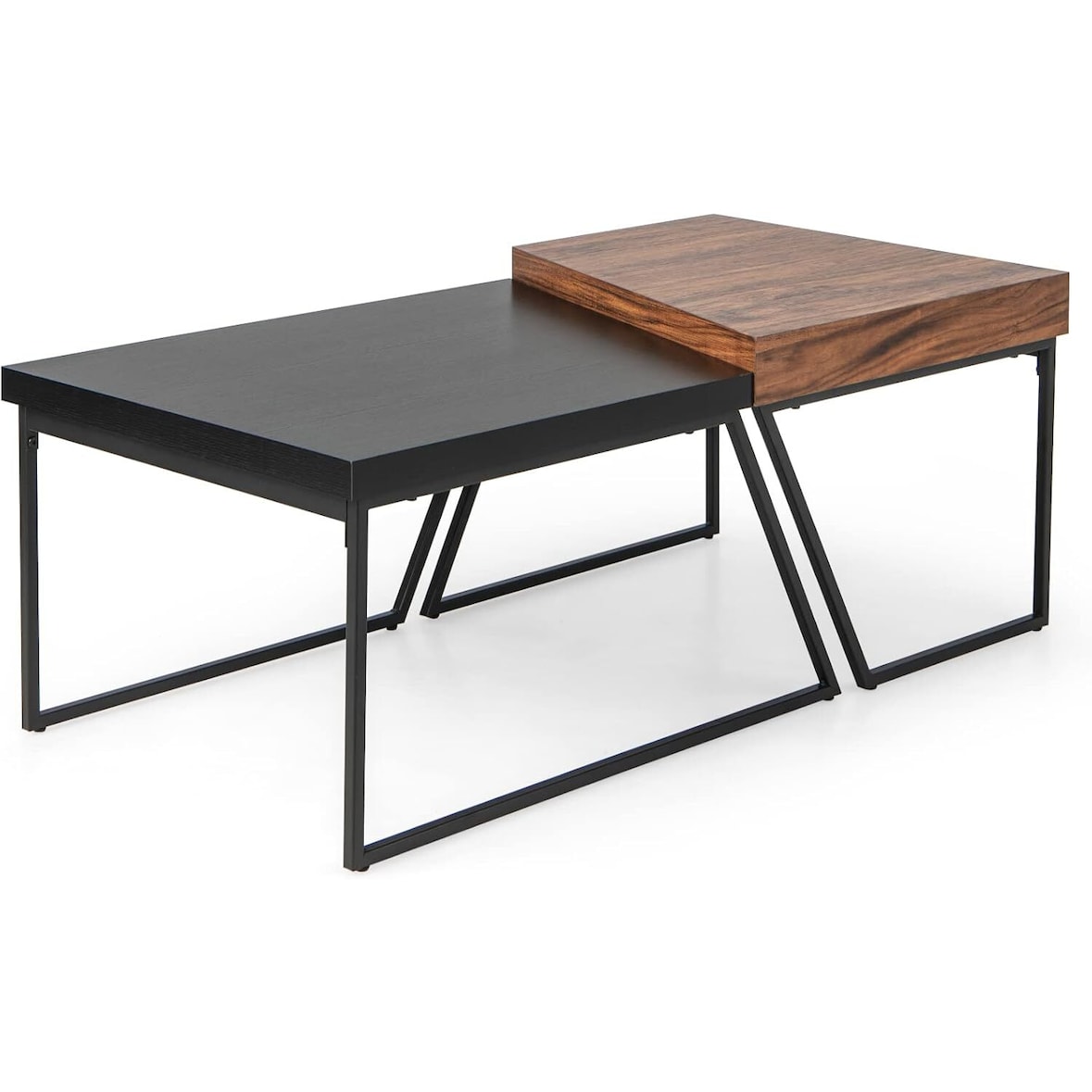 Mesa de café de madeira COSTWAY, conjunto de 2, mesa lateral industrial com moldura de metal