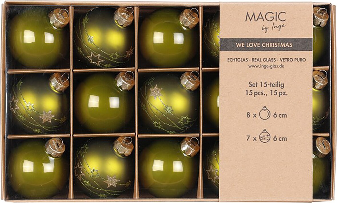 15 Weihnachtskugeln Glas 6cm Glitzer Sterne Motiv Christbaumkugeln Weihnachtsbaumkugeln Christbaumschmuck Weihnachtsbaumschmuck Matt Glanz Olivgrün