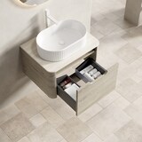 thumbnail of Waschtisch 50x60x46 Ovales Keramikbecken Travertin Sinterstein Soft-Close Schublade Badmöbel Schrank Beige+Off White+Weiß
