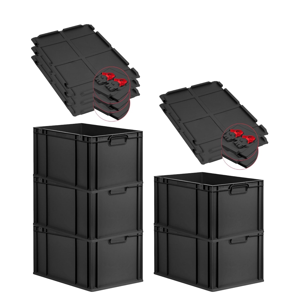 PROREGAL SuperSparSet 5x Eurobox NextGen Grip mit Scharnierdeckel & roten Verschlüssen, HxBxT 32x40x60cm, 65L, Schwarz, Griffe zu, Eurobehälter