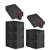 thumbnail of PROREGAL SuperSparSet 5x Eurobox NextGen Grip mit Scharnierdeckel & roten Verschlüssen, HxBxT 32x40x60cm, 65L, Schwarz, Griffe zu, Eurobehälter