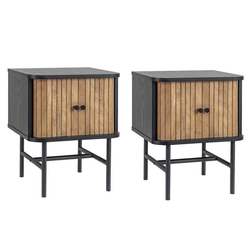 COSTWAY bedzijtafel met schuivdeuren, set van 2, bedzijkantjes met opslagruimte, zijtafel met metaal benen