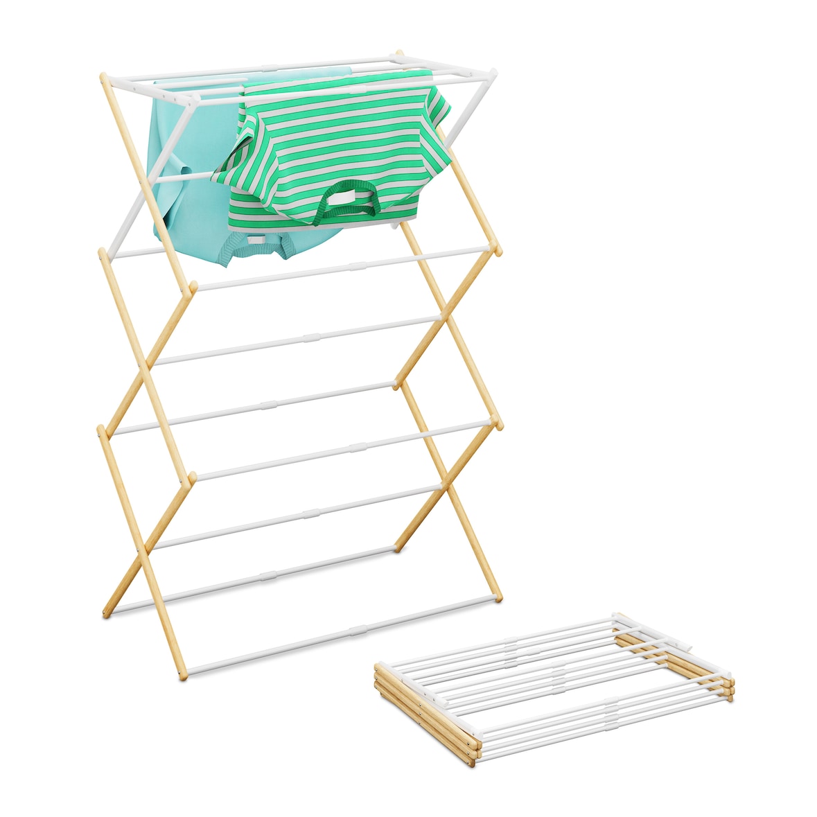 Relaxdays Wäscheständer, klappbar, ausziehbar, 11 Stangen, HxBxT: 107 x 43–74 x 37 cm, Bambus & Metall, natur/weiß