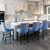 thumbnail of Barhocker Set 2 Samt Blau 103x50x60 cm mit Knopfheftung Ziernägeln Massivholzbeinen höhenverstellbaren Fußgleitern und hohem Rücken