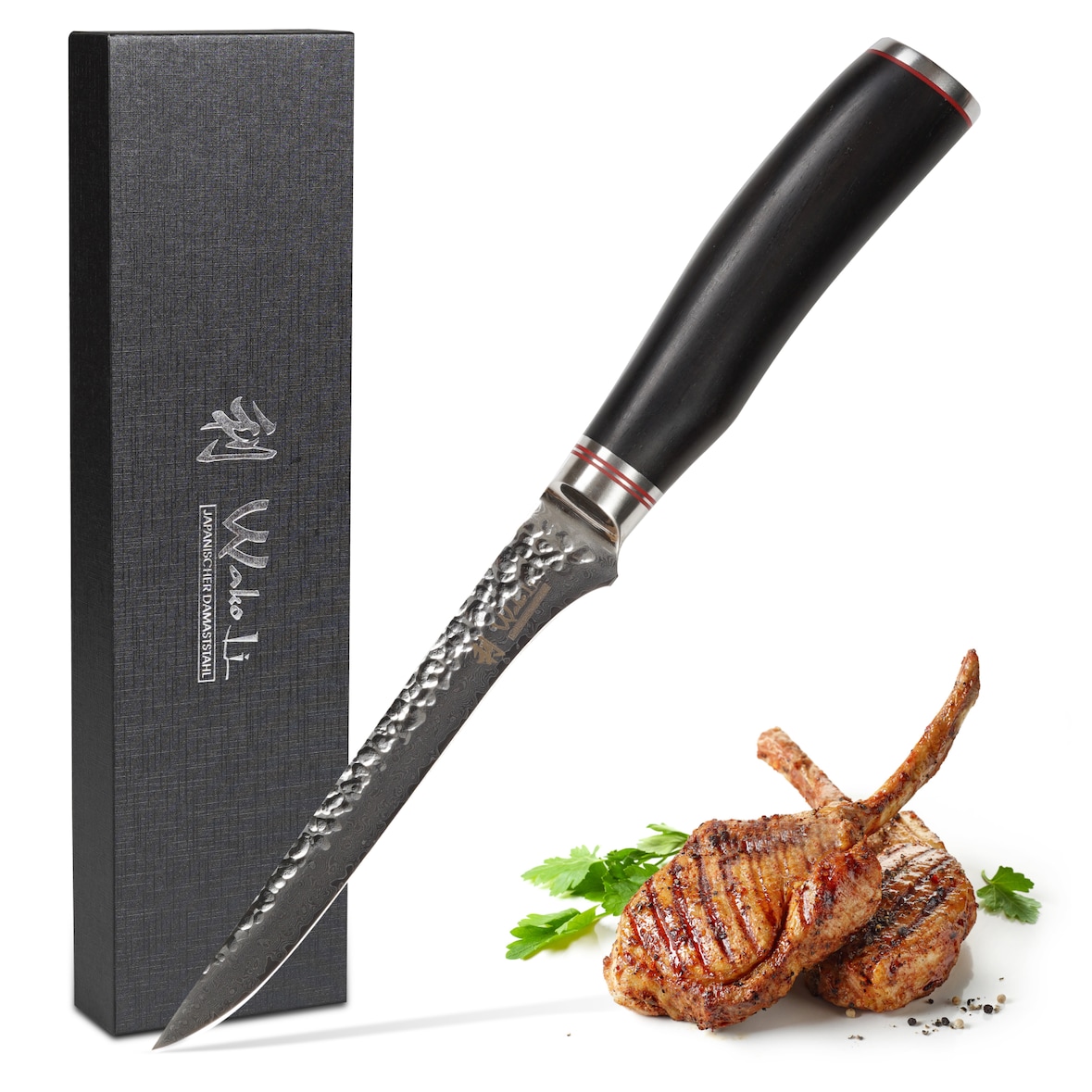 Wakoli EBO Damast Tranchiermesser I 16 cm Klinge I schwarzer Eichenholzgriff