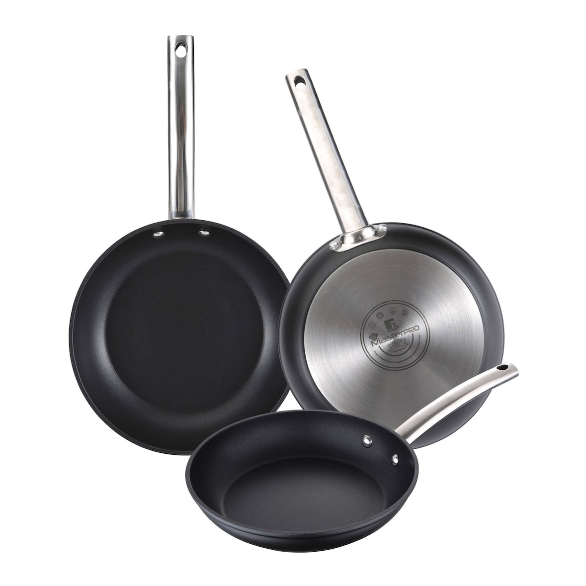 Masterpro - Juego de 3 Sartenes Ø24/Ø28/Ø30 cm en Aluminio Forjado Aptas para Inducción Color Negro FOODIES