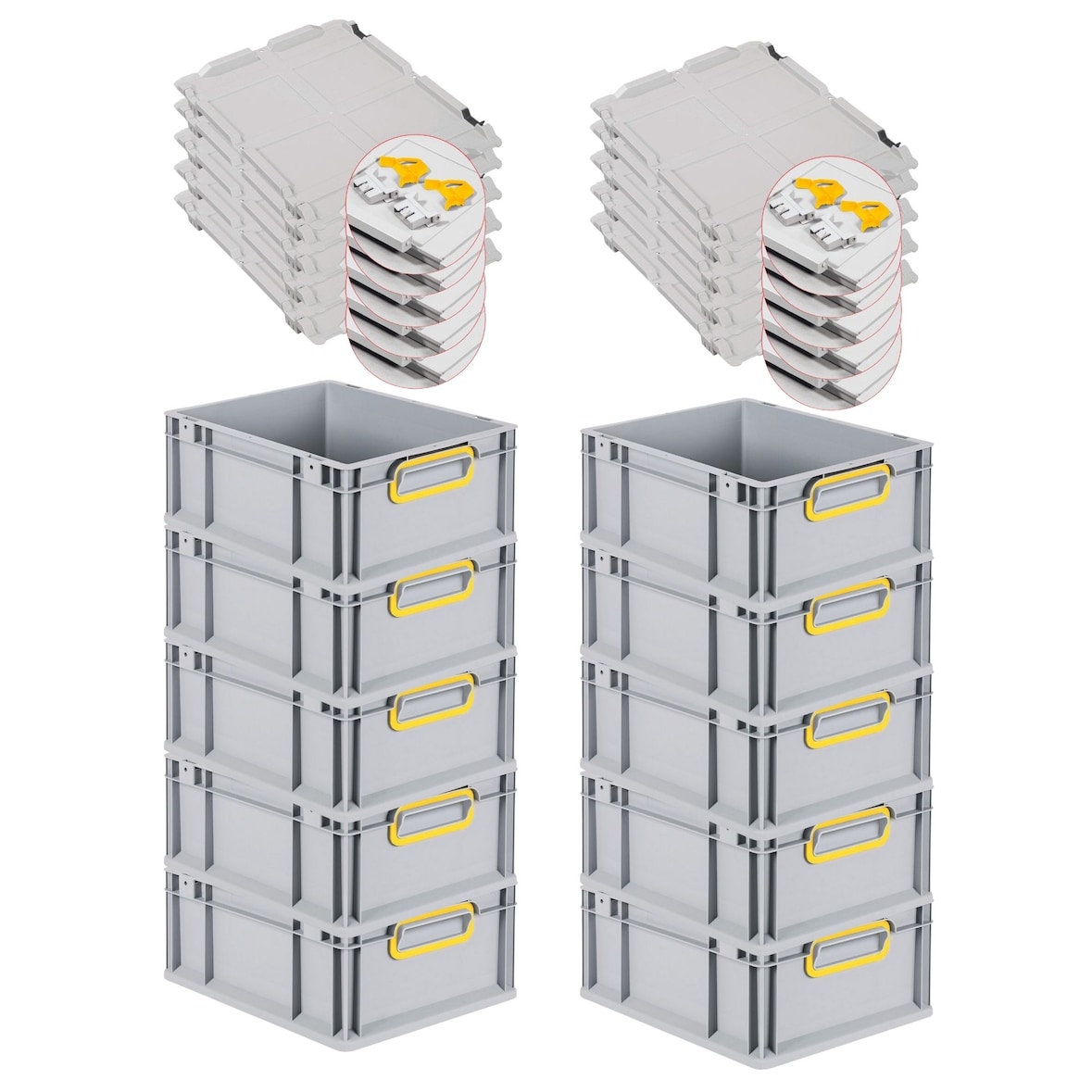 PROREGAL 10x Eurobox NextGen Color mit Scharnierdeckel & Verschlüssen | HxBxT 17x30x40cm | 16 Liter | Griffe gelb geschlossen | Glatter Boden