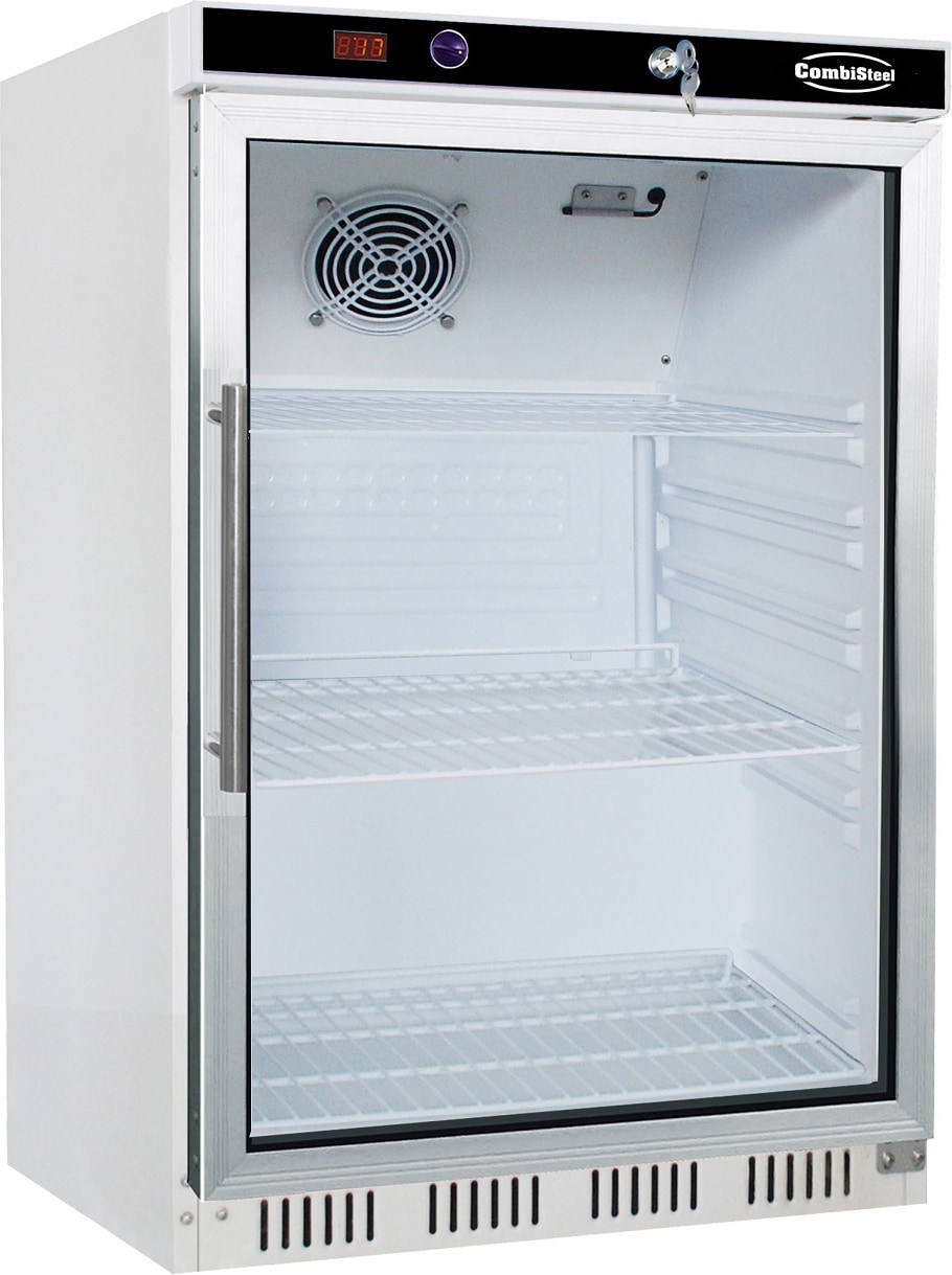 Kühlschrank FOSSA | 1x abschließbare Glastür + LED | 130 Liter, HxBxT 85,5x60x58,5cm | +2/+8°C | Weiß | + CHEFGASTRO Geschirrtuch
