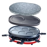 thumbnail of H.Koenig RP412 Raclette-Gerät 4 in 1 / 8 Personen / Raclette, Natursteingrill, Crepe-Platte und Grillplatte / mit 8 Pfännchen / 900 W / SchwarzRrot