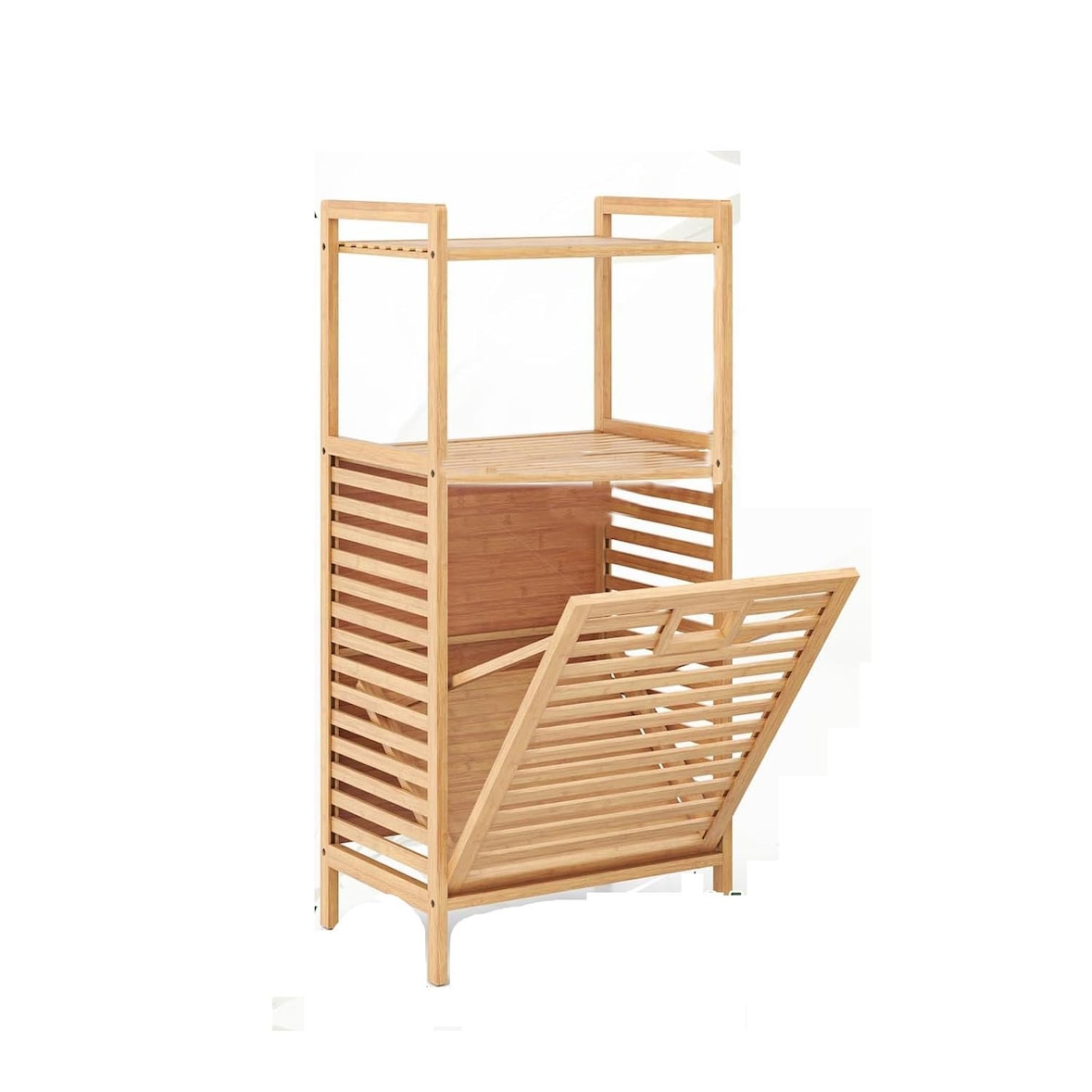 COSTWAY prateleira de banheiro com cesta de lavanderia, prateleira de bambu, armário de banheiro com 2 prateleiras e cesta de tecido dobrável