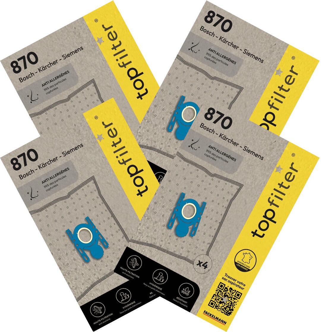 Lot de 4 packs de 4 sacs aspirateur 64870 pour Bosch et Siemens TopFilter Premium
