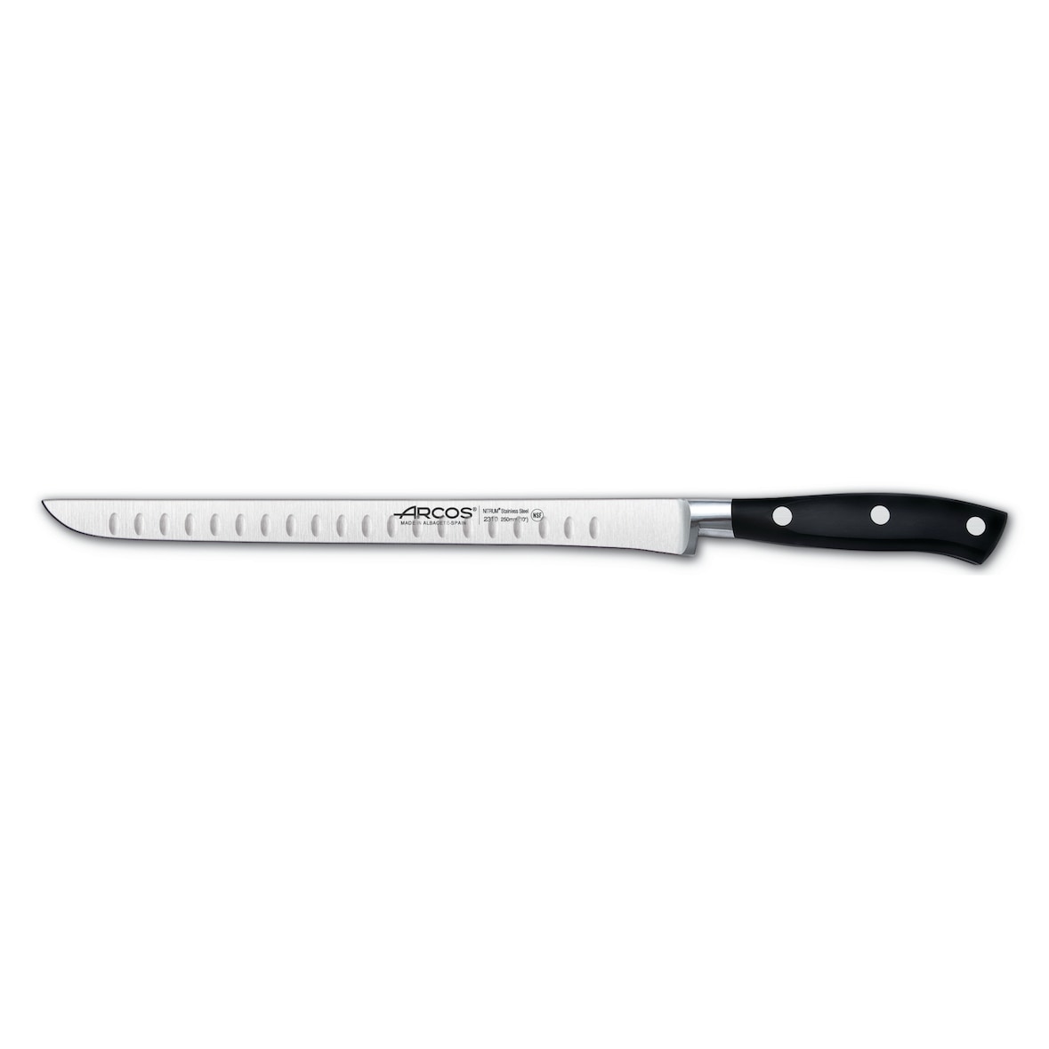 Arcos Cuchillo Jamonero, Hoja Flexible y alveolada de Acero Inoxidable Forjado NITRUM 250 mm, Mango de Polyoxymethylene (POM), Color Negro