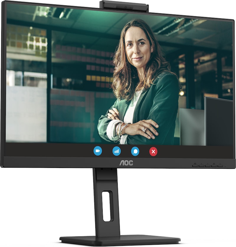 Ein Monitor mit einer eingebauten Kamera und einer Frau.